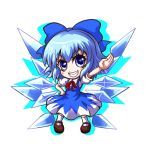  1girl blue_eyes blue_hair bow chibi cirno dress grin hair_bow hand_on_hip ice ice_wings kiki_fushigi outstretched_arm ribbon short_hair simple_background smile solo touhou white_background wings 