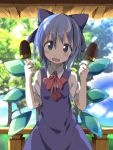  1girl blue_dress blue_hair blue_sky blush bow check_commentary cirno clouds commentary dress grey_eyes hair_bow head_tilt highres ice ice_wings looking_at_viewer open_mouth popsicle shirt short_sleeves sky smile solo tantan_men_(dragon) touhou tree wings 