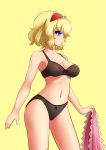  1girl alice_margatroid black_bra black_panties blonde_hair bow bow_bra bow_panties bra breasts cleavage hairband mazume panties short_hair simple_background solo touhou underwear underwear_only yellow_background 