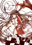  1girl alice_(pandora_hearts) boots bow braid brown_hair checkered clock dress gloves lampnote17 long_hair over_shoulder pandora_hearts ribbon scythe solo violet_eyes weapon weapon_over_shoulder 