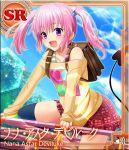  artist_request backpack bag fang long_hair nana_asta_deviluke pink_eyes pink_hair skirt smile sweater tail thigh-highs to_love-ru to_love-ru_darkness:_idol_revolution twintails vest 