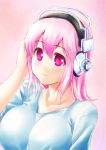  1girl blush breasts collarbone headphones large_breasts long_hair looking_at_viewer makishima_rin nitroplus pink_eyes pink_hair smile solo super_sonico 