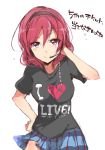  1girl blush checkered checkered_skirt copyright_name hairband headset heart highres love_live!_school_idol_project mope nishikino_maki redhead short_hair sketch skirt smile solo t-shirt text translation_request violet_eyes 