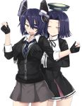  2girls 501092-taka blush breast_grab breasts eyepatch fingerless_gloves gloves headgear highres imperial_japanese_navy kantai_collection mechanical_halo multiple_girls necktie open_mouth personification purple_hair school_uniform short_hair skirt tatsuta_(kantai_collection) tenryuu_(kantai_collection) thigh-highs violet_eyes yellow_eyes yuri 