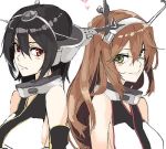  2girls alternate_hair_length alternate_hairstyle back-to-back black_hair brown_hair from_side green_eyes hairstyle_switch headgear kantai_collection long_hair looking_at_viewer looking_to_the_side lowres multiple_girls mutsu_(kantai_collection) nagato_(kantai_collection) red_eyes ruuto_(sorufu) short_hair simple_background white_background 