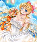  1girl aino_minako at_classics bishoujo_senshi_sailor_moon blonde_hair blue_background blue_eyes bouquet breasts cleavage dress flower gloves half_updo jewelry large_breasts long_hair necklace orange_rose pearl_necklace rose sample smile solo strapless_dress veil wedding_dress white_dress white_gloves yellow_rose 