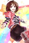  1girl ahoge artist_request blush boots brown_hair happy hidaka_ai idolmaster idolmaster_dearly_stars jacket looking_at_viewer open_mouth red_eyes shirt short_hair shorts smile solo source_request striped striped_shirt tagme v 