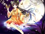  1girl :d bell black_eyes black_hair butterfly character_request copyright_request earrings flower gyaza hair_ornament jewelry long_hair moon necklace night night_sky open_mouth petals ponytail sky smile tagme tree_branch 
