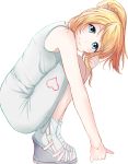  1girl artist_request ayase_eli blonde_hair blue_eyes heart long_hair love_live!_school_idol_project ponytail smile solo squatting 