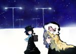  2girls absurdres black_hair blonde_hair bow carrying_over_shoulder coat from_side hat hat_bow highres holding_bag lamppost long_hair looking_to_the_side maribel_hearn mob_cap multiple_girls night pink_bow road scarf side_ponytail sky star star_(sky) starry_sky texture timesoe touhou usami_renko 