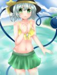  1girl arlonn bikini_top blush bow breasts cleavage coast collarbone green_eyes hat hat_bow heart heart-shaped_pupils heart_of_string highres navel solo swimsuit_skirt symbol-shaped_pupils third_eye touhou white_hair 