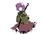  1girl absurdres bob_cut calligraphy_brush flower hair_flower hair_ornament hieda_no_akyuu highres holding_brush ink japanese_clothes kimono light_smile looking_to_the_side oversized_object paintbrush purple_hair short_kimono simple_background skirt solo sumi-e timesoe touhou white_background 