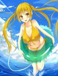  1girl bent_over bikini blonde_hair bow_bikini breasts clouds from_below hanging_breasts huge_breasts innertube looking_at_viewer open_mouth orange_eyes original sky swimsuit twintails water yahiro_(anhnw) 