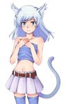  1girl animal_ears cat_ears cat_tail chaa_(ritoporu) hands_on_own_chest long_hair navel original simple_background skirt smile solo tail thigh-highs white_background 
