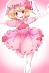  1girl :d ascot blonde_hair dress frilled_dress frills hair_ribbon highres mob_cap open_mouth outstretched_arms pink_dress red_eyes remilia_scarlet remilia_scarlet_(cosplay) ribbon ribbon-trimmed_clothes ribbon_trim rumia short_hair smile spread_arms touhou yozakura_retei 