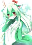  1girl animal_ears bangs blush blush_stickers breasts clenched_hand creature ex-keine fang furry horn_bow horns jpeg_artifacts kagerofu kamishirasawa_keine light_smile long_hair looking_at_viewer multicolored_hair navel nude red_eyes ribbon shadow small_breasts solo tail touhou 