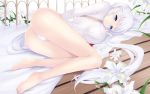  1girl ass barefoot blue_eyes breasts cait flower large_breasts legs long_hair looking_at_viewer lying mabinogi nao no_pants on_side open_mouth panties silver_hair solo underwear wallpaper white_panties wooden_floor 