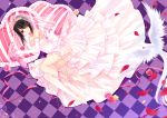  1girl ass bird black_hair blush bra breasts bridal_veil checkered checkered_floor cleavage clock_eyes date_a_live dress elbow_gloves flower gloves grandia_(artist) heterochromia highres large_breasts long_hair looking_at_viewer lying petals pink_bra polka_dot polka_dot_bra red_eyes ribbon rose see-through smile solo thigh-highs tokisaki_kurumi underwear veil wedding_dress white_gloves white_legwear yellow_eyes 