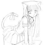  1girl animal_ears bangs blunt_bangs cat_ears cat_tail koi_neko leaning_forward long_hair monochrome pleated_skirt ribbon sakurazaki_nao school_uniform serafuku sige sketch skirt solo tail tail_ribbon 