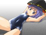  1girl :o armpits arms_up bowl_hat covered_navel flat_chest looking_at_viewer minigirl purple_hair school_swimsuit solo sukuna_shinmyoumaru swimsuit touhou violet_eyes winn 