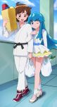  1boy 1girl arm_hug bag bandaid bandaid_on_face belt blue_eyes blue_hair brown_eyes brown_hair clouds dougi dress female grocery_bag happinesscharge_precure! highres karate_gi male mont_blanc_(heartcatch_ayaya) one_eye_closed paper_bag precure sagara_seiji shirayuki_hime shoes shopping_bag sky sneakers 