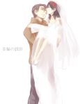  1boy 1girl a_wil age_difference bare_shoulders black_hair bridal_veil bride brown_hair carrying closed_eyes couple dress elbow_gloves eye_kiss flower gloves hetero kago1205 kiss long_hair original short_hair veil wedding_dress 