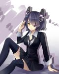  &gt;:( 1girl absurdres arm_support black_hair black_legwear blazer breasts collared_shirt eyepatch highres kantai_collection large_breasts miniskirt necktie orange_eyes personification pleated_skirt salute short_hair sitting skirt sleeves_rolled_up solo tenryuu_(kantai_collection) thigh-highs tsurime 