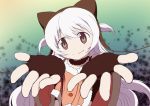  1girl bag capelet child choker fingerless_gloves fur_trim gloves hat long_hair magical_girl mahou_shoujo_madoka_magica mahou_shoujo_madoka_magica_movie momoe_nagisa multicolored_eyes outstretched_arms red_eyes smile solo two_side_up white_hair yellow_eyes yukimura_kaname 