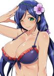  1girl bikini_top blue_hair breasts flower green_eyes hair_flower hair_ornament large_breasts looking_at_viewer love_live!_school_idol_project mushi024 one_eye_closed simple_background smile solo tan toujou_nozomi twintails white_background 