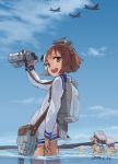 3girls airplane arm_up binoculars brown_eyes brown_hair dated fairy_(kantai_collection) from_behind hair_ornament kantai_collection looking_at_viewer looking_back multiple_girls open_mouth rubber_duck sailor_dress short_hair sky solo_focus standing toro water yukikaze_(kantai_collection) 