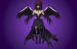  1girl 3d akemi_homura akuma_homura argyle argyle_legwear bare_shoulders black_gloves black_hair bow choker dress elbow_gloves feathered_wings gloves hair_bow long_hair looking_at_viewer mahou_shoujo_madoka_magica mahou_shoujo_madoka_magica_movie purple_background red_eyes simple_background solo spoilers thigh-highs wings zettai_ryouiki 
