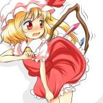  1girl blonde_hair bloomers blush dress fang flandre_scarlet hat hat_ribbon mob_cap open_clothes open_shirt puffy_short_sleeves puffy_sleeves red_dress red_eyes ribbon short_sleeves side_ponytail simple_background skirt skirt_lift solo touhou underwear white_background wings yuuma_(pumpkin) 