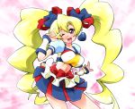  1girl ;d \m/ alternate_form blonde_hair blue_skirt bow cosplay crop_top cure_honey cure_honey_(cosplay) cure_peach earrings fresh_precure! happinesscharge_precure! iruka-margarine jewelry long_hair look-alike magical_girl midriff miniskirt momozono_love one_eye_closed open_mouth popcorn_cheer precure skirt smile solo twintails violet_eyes wrist_cuffs 