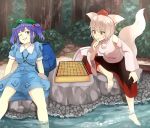  2girls animal_ears bag bare_shoulders barefoot blue_hair blush breasts detached_sleeves forest game hat highres inubashiri_momiji kawashiro_nitori key multiple_girls nature one_eye_closed open_mouth pom_pom_(clothes) red_eyes sitting sitting_on_rock tail takenoko_lv9 tokin_hat touhou twintails water wolf_ears wolf_tail 