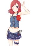  1girl arm_up armpits bare_shoulders black_panties blush flower looking_at_viewer love_live!_school_idol_project navel nishikino_maki one_eye_closed panties redhead short_hair side-tie_panties skirt smile solo thigh_strap tofu1601 underwear violet_eyes 