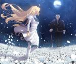  1boy 1girl arcueid_brunestud blonde_hair cane child dress facing_away field flower flower_field full_moon kishua_zelretch_schweinorg long_hair moon night night_sky petals sky tsukihime tsukikanade very_long_hair younger 