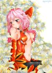  1girl bare_shoulders black_legwear blush breasts center_opening cleavage detached_sleeves elbow_gloves flower gloves guilty_crown hair_ornament hairclip hand_behind_head highres long_hair looking_away navel open_mouth pink_hair red_eyes solo thigh-highs twintails yuzuriha_inori 