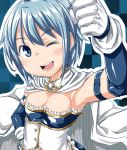  1girl ;d armband armpits blue_eyes blue_hair breasts cape cleavage foreshortening gloves hand_on_hip highres kaho_(amal135) large_breasts magical_girl mahou_shoujo_madoka_magica miki_sayaka one_eye_closed open_mouth short_hair smile solo 