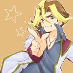  1boy banchii blonde_hair blue_eyes brown_hair grin jewelry male multicolored_hair necklace sawatari_shingo school_uniform smile solo yuu-gi-ou yuu-gi-ou_arc-v 