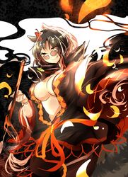  1girl alternate_color animal_ears black_dress black_hair breasts brown_eyes cleavage dark_persona dress futatsuiwa_mamizou glasses large_breasts leaf leaf_on_head looking_at_viewer open_dress pince-nez pipe raccoon_ears raccoon_tail shigureru smile solo tail touhou 