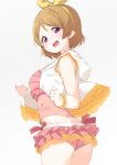  1girl ass bare_shoulders blush brown_hair from_behind hair_ribbon koizumi_hanayo looking_at_viewer looking_back love_live!_school_idol_project open_mouth panties pantyshot pantyshot_(standing) pink_panties ribbon short_hair skirt smile solo standing tofu1601 underwear upskirt vest violet_eyes 