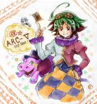  1boy ahoge card clown duel_monster entermate_discover_hippo goggles green_hair grin hand_on_hip male multicolored_hair red_eyes redhead sakaki_yuuya smile yuu-gi-ou yuu-gi-ou_arc-v zin_(mame_denkyu) 