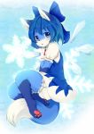  1girl animal_ears bangs barefoot blue_eyes blue_hair blush bow cirno feet fox fox_ears fox_tail furry hair_bow hair_ornament ice ice_wings jpeg_artifacts kagerofu large_bow looking_at_viewer open_mouth ribbon short_hair snowflakes solo tail toes touhou wings 