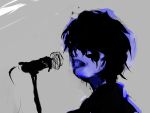  1boy absurdres black_hair cable grey_background hair_over_eyes highres messy_hair microphone microphone_stand monochrome open_mouth original singing sketch spot_color teeth texture timesoe 
