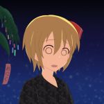  1girl blank_eyes blonde_hair card cato_(monocatienus) commentary commentary_request hair_ribbon japanese_clothes kimono o_o open_mouth ribbon rumia sky solo star_(sky) starry_sky tanabata touhou translated tree 