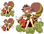  1girl animal_ears brown_hair clouds futatsuiwa_mamizou glasses gourd leaf leaf_on_head lowres notebook pixel_art raccoon_ears raccoon_tail red_eyes sitting slnfwc smile tail touhou 