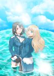  2girls aqua_eyes atago_(kantai_collection) black_hair blonde_hair blue_sky clouds copyright_name feet_in_water kantai_collection long_hair looking_at_viewer multiple_girls no_hat open_mouth pantyhose partially_submerged red_eyes short_hair skirt sky smile soaking_feet takao_(kantai_collection) udon_(shiratama) water 