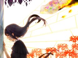  1girl against_wall akemi_homura black_hair blanket crack crying dress flower funeral_dress hairband hand_on_wall long_hair mahou_shoujo_madoka_magica mahou_shoujo_madoka_magica_movie reflection solo spider_lily spoilers violet_eyes 