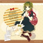  1girl alternate_costume anzu_(o6v6o) boots bow character_name cross-laced_footwear dress green_eyes green_hair gumi hairband happy_birthday musical_note short_hair solo vocaloid 