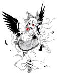  1girl arm_cannon ballpoint_pen_(medium) bird_wings black_wings bow cape feathers hair_bow highres looking_at_viewer marker_(medium) monochrome red_eyes reiuji_utsuho shirt skirt smile solo spot_color standing_on_one_leg third_eye touhou toutenkou traditional_media weapon wings 